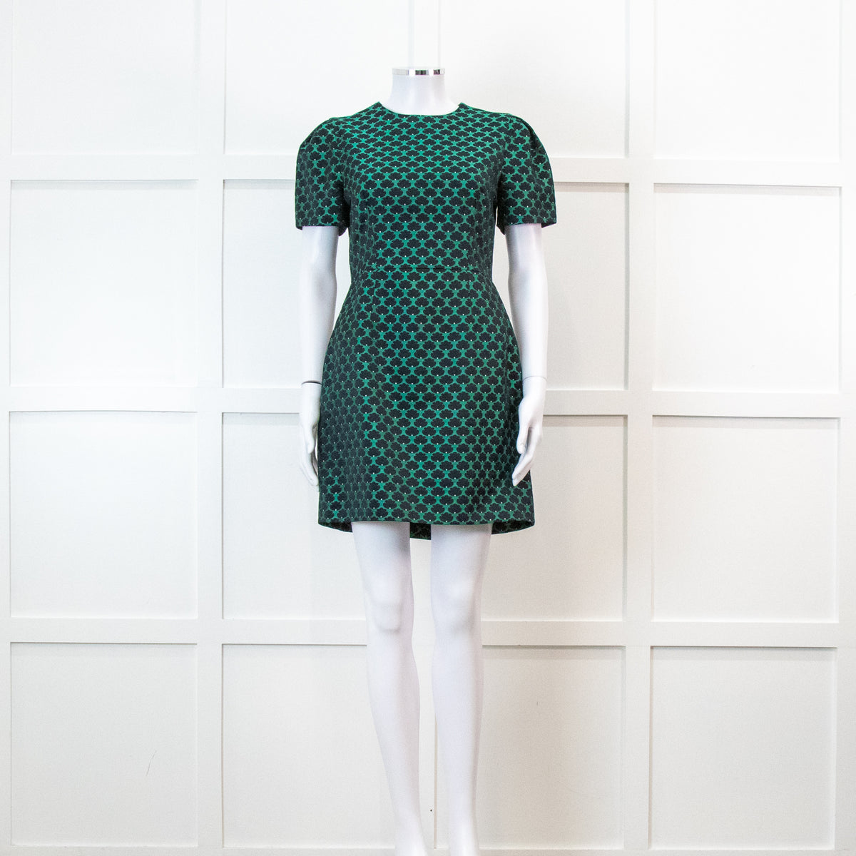 Mary Katrantzou Green and Black Jacquard Short Sleeve Mini Dress