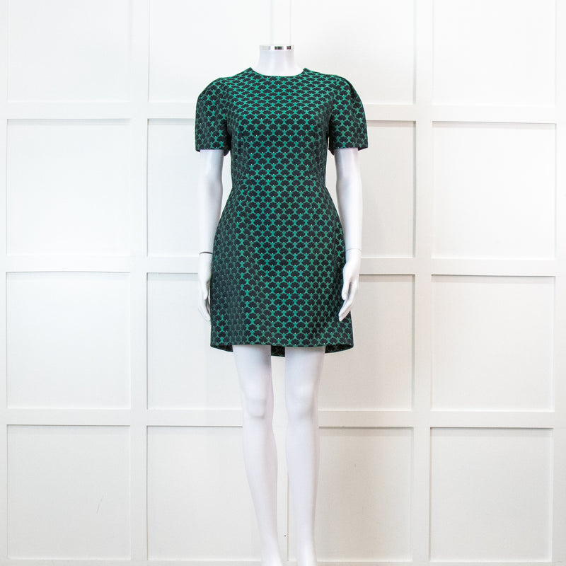 Mary Katrantzou Green and Black Jacquard Short Sleeve Mini Dress