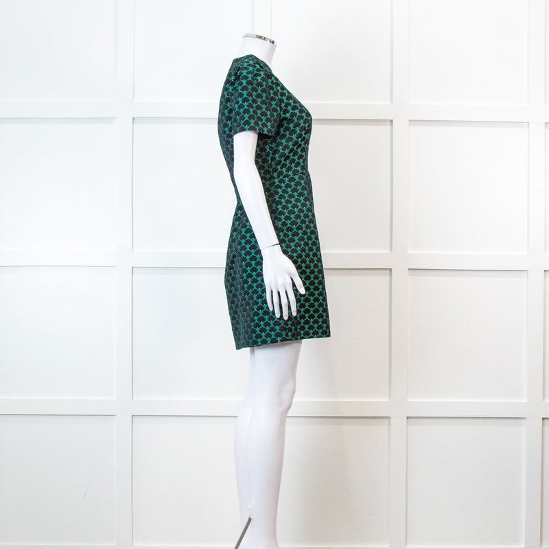 Mary Katrantzou Green and Black Jacquard Short Sleeve Mini Dress