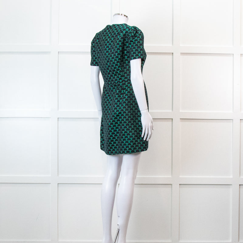 Mary Katrantzou Green and Black Jacquard Short Sleeve Mini Dress