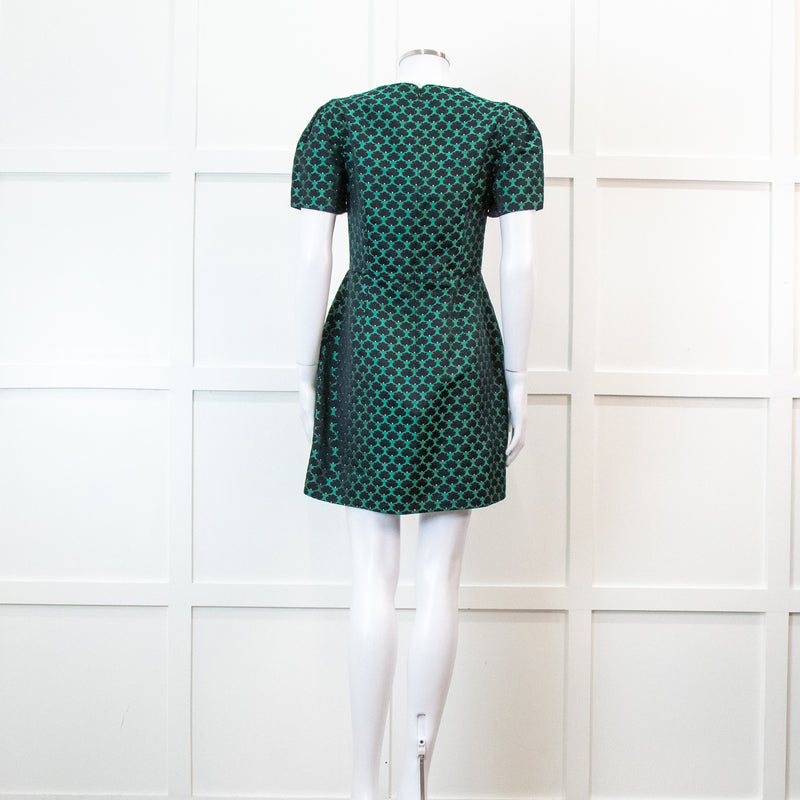 Mary Katrantzou Green and Black Jacquard Short Sleeve Mini Dress