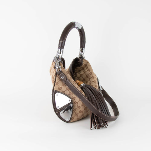 Gucci Monogram Shoulder Bag with Brown Leather Trims and Bamboo Tassels