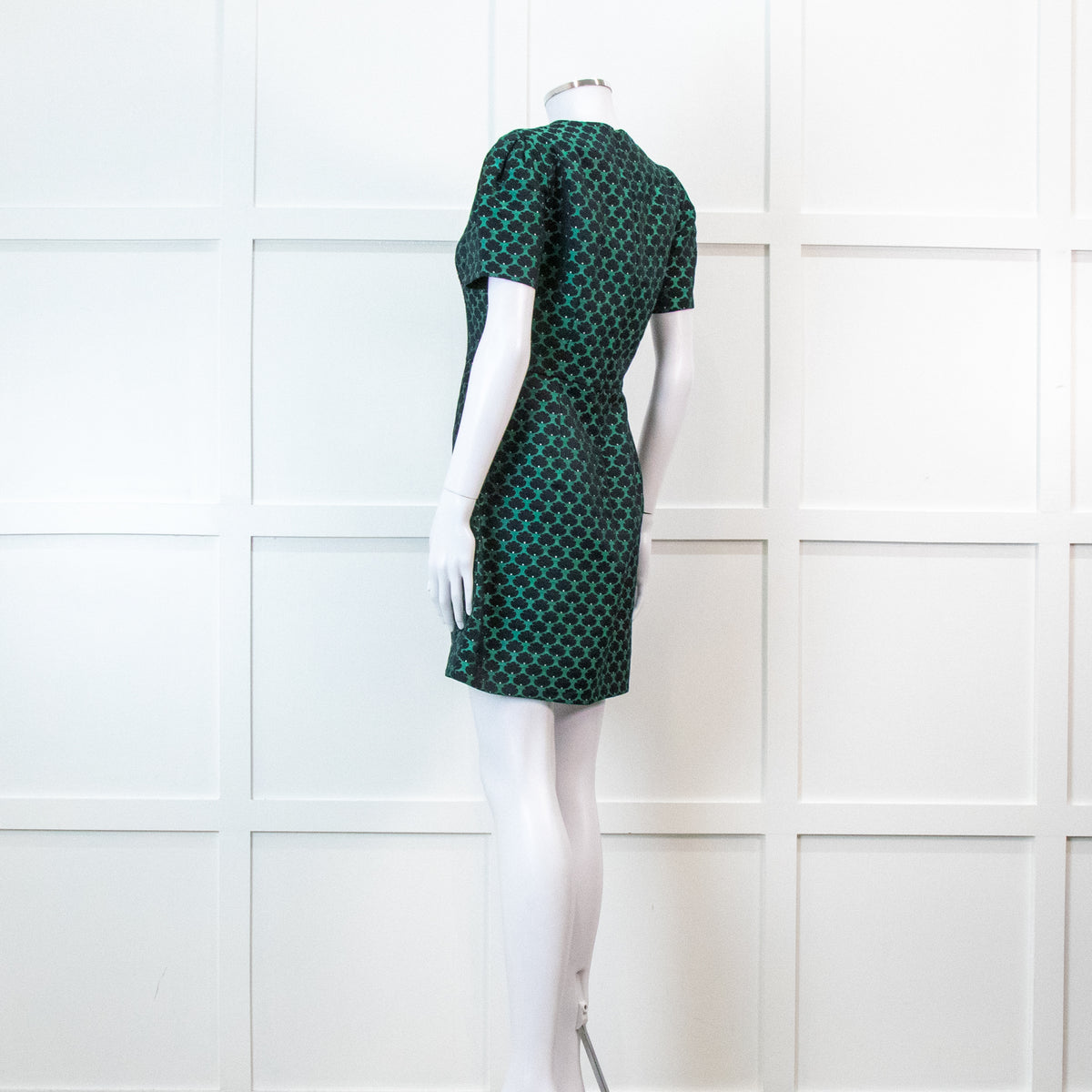 Mary Katrantzou Green and Black Jacquard Short Sleeve Mini Dress