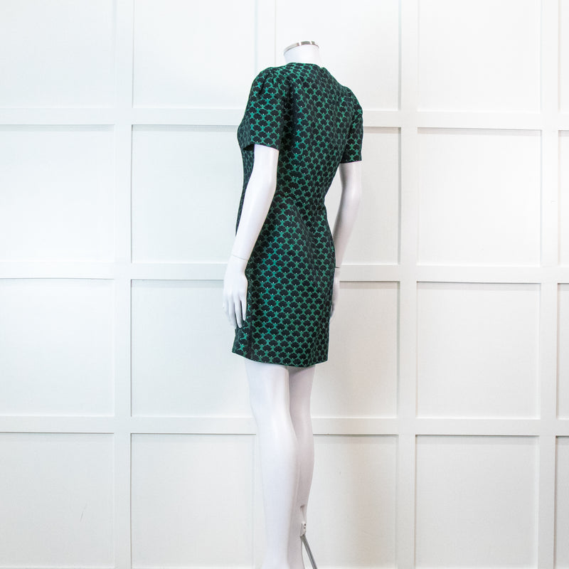 Mary Katrantzou Green and Black Jacquard Short Sleeve Mini Dress