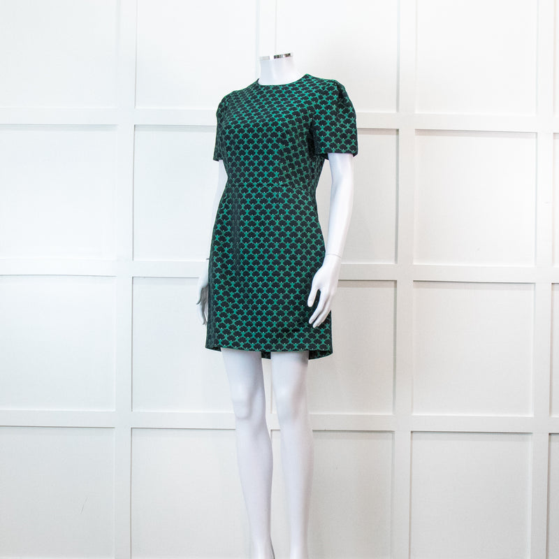 Mary Katrantzou Green and Black Jacquard Short Sleeve Mini Dress