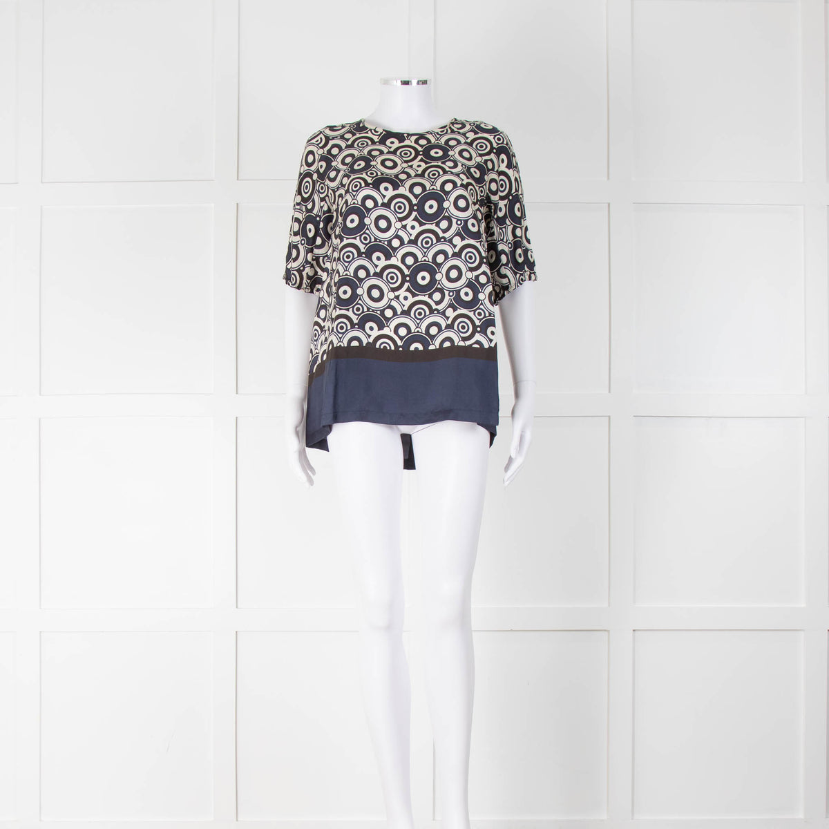 S Max Mara Navy/Cream/Black Circle Print Silk Top