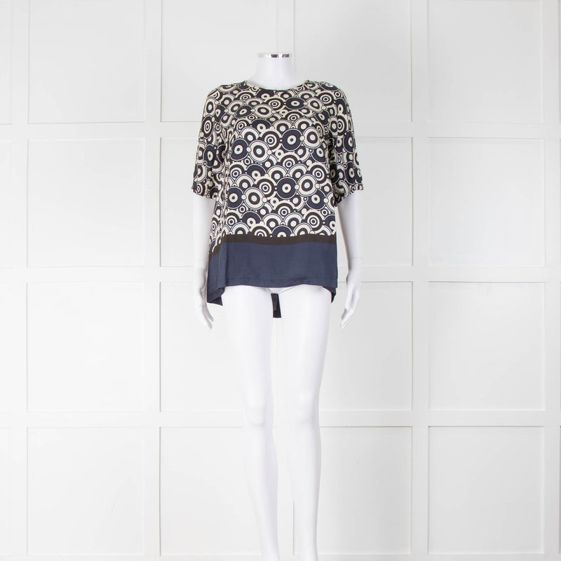 S Max Mara Navy/Cream/Black Circle Print Silk Top