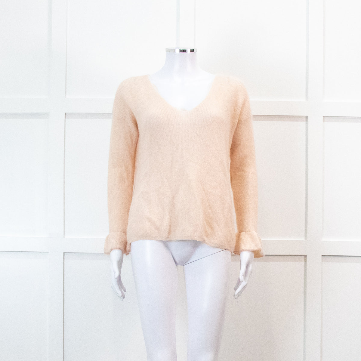Sezane Pink V Neck Frill Sleeve Knit Jumper