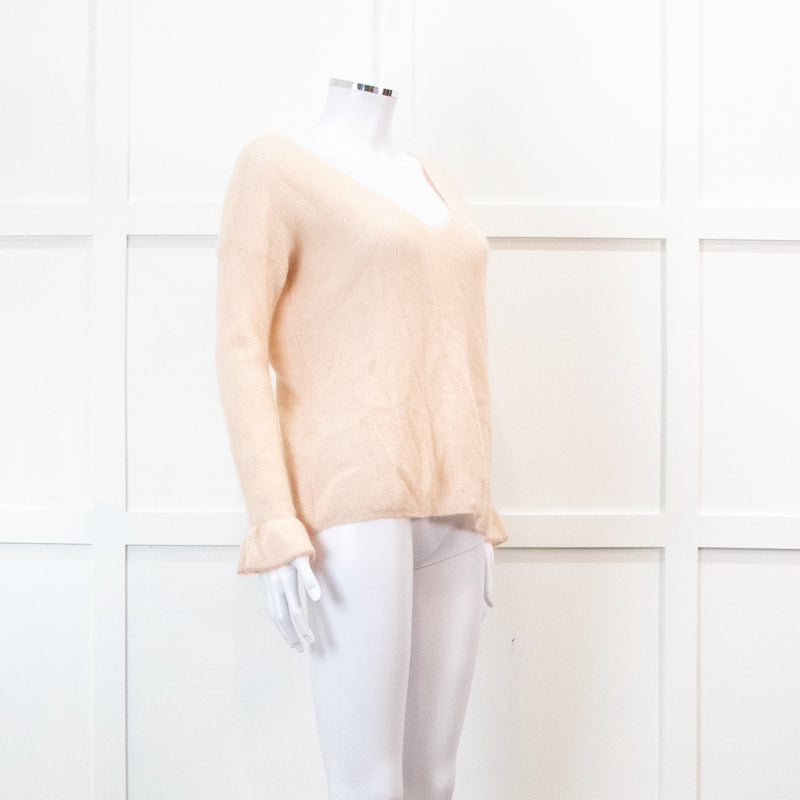 Sezane Pink V Neck Frill Sleeve Knit Jumper