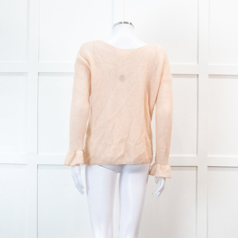 Sezane Pink V Neck Frill Sleeve Knit Jumper