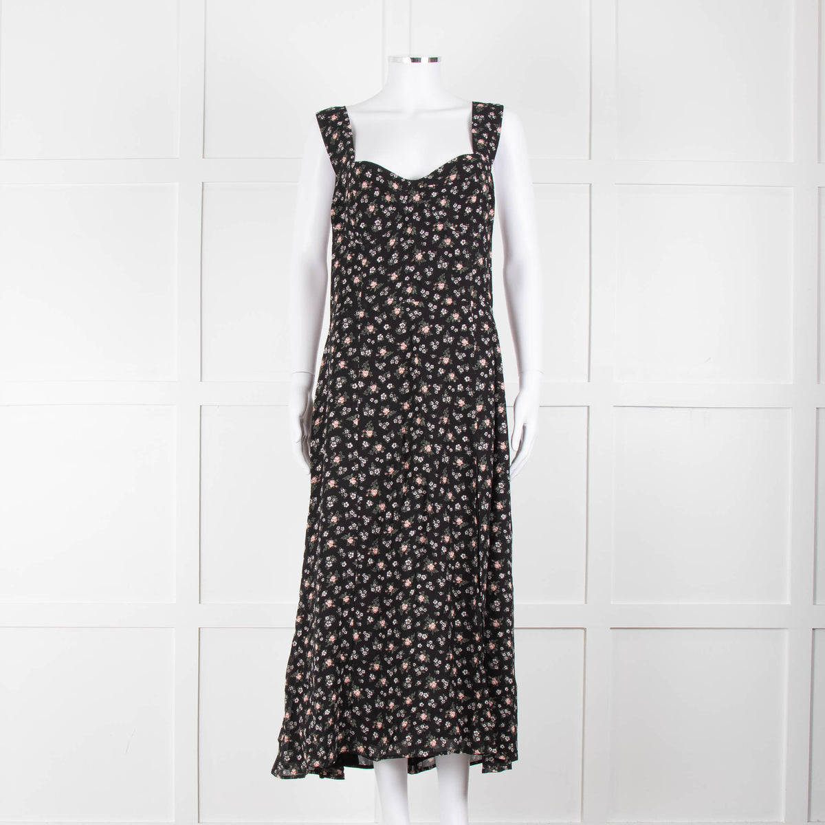 Reformation Black Pale Pink Rose Print Strappy Maxi Dress