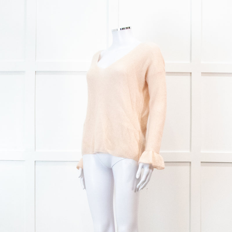 Sezane Pink V Neck Frill Sleeve Knit Jumper