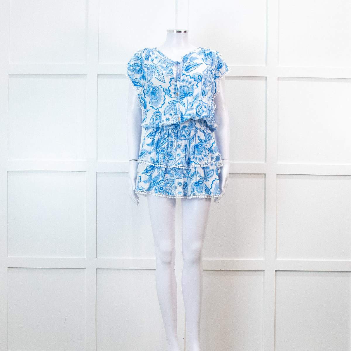 Melissa Odabash Blue Floral Print Bobble Edging Mini Dress