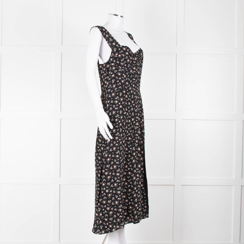 Reformation Black Pale Pink Rose Print Strappy Maxi Dress