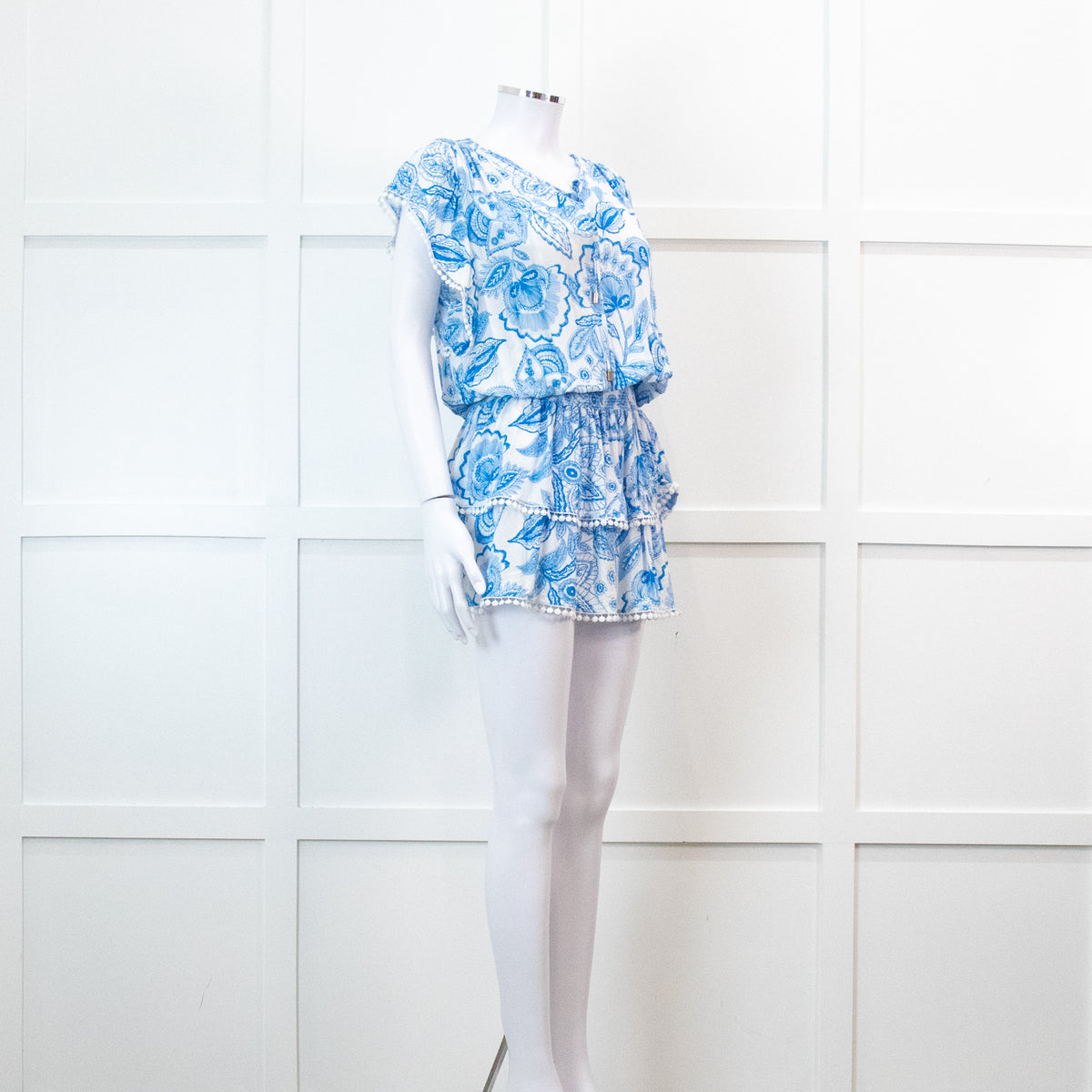 Melissa Odabash Blue Floral Print Bobble Edging Mini Dress