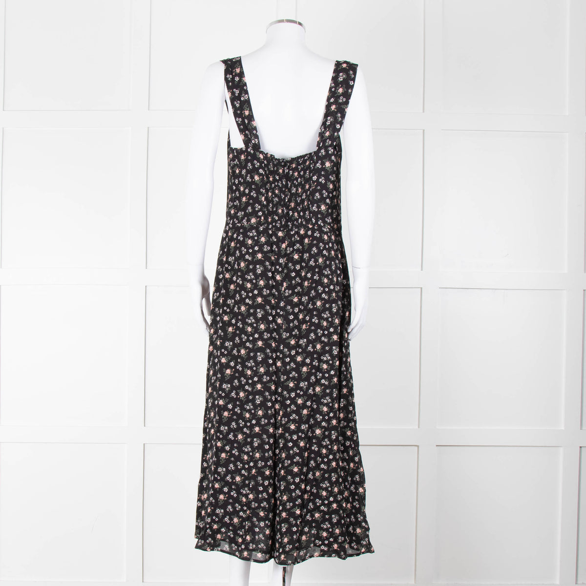 Reformation Black Pale Pink Rose Print Strappy Maxi Dress