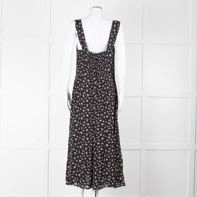 Reformation Black Pale Pink Rose Print Strappy Maxi Dress