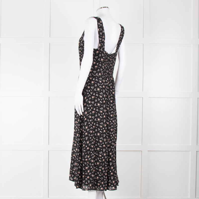 Reformation Black Pale Pink Rose Print Strappy Maxi Dress