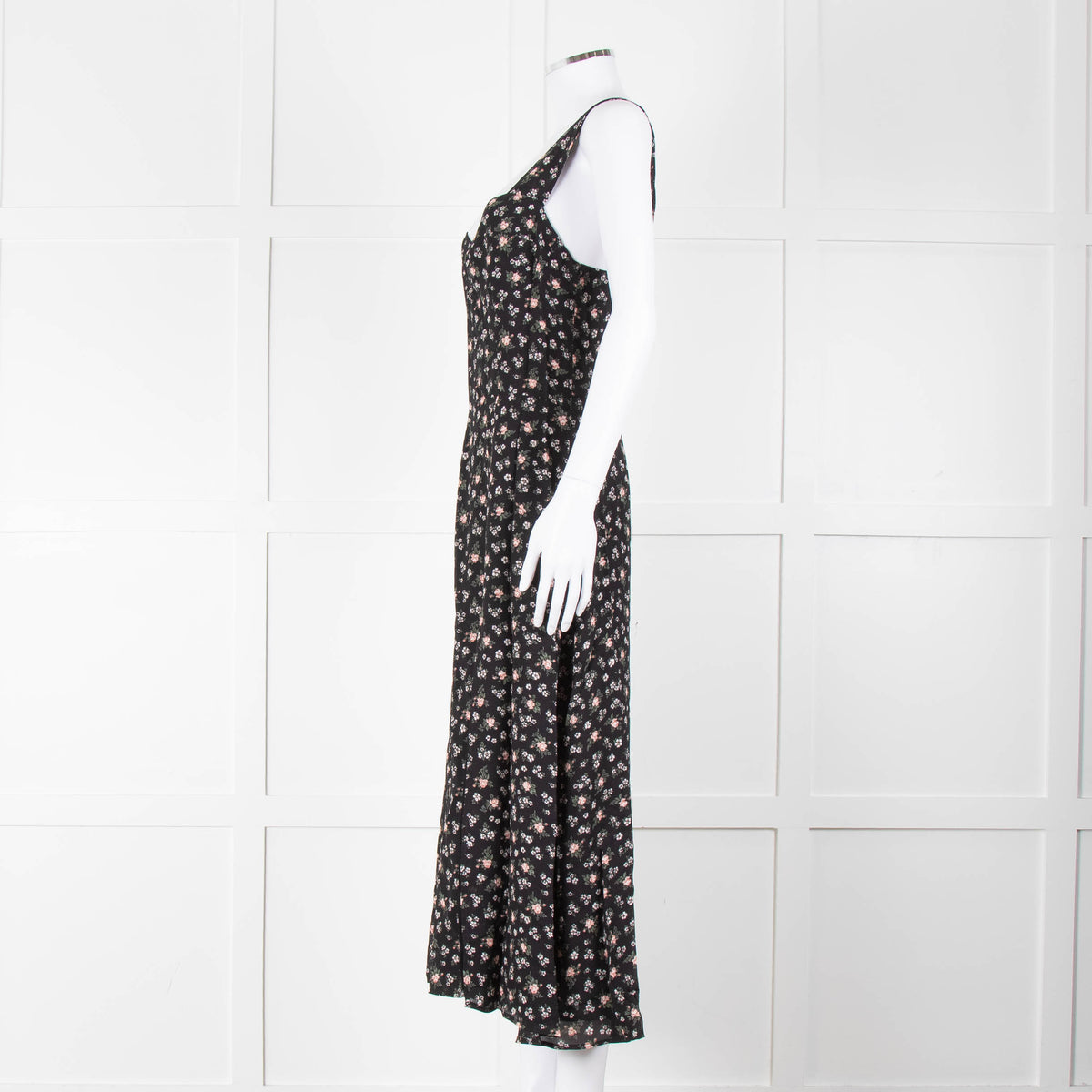 Reformation Black Pale Pink Rose Print Strappy Maxi Dress
