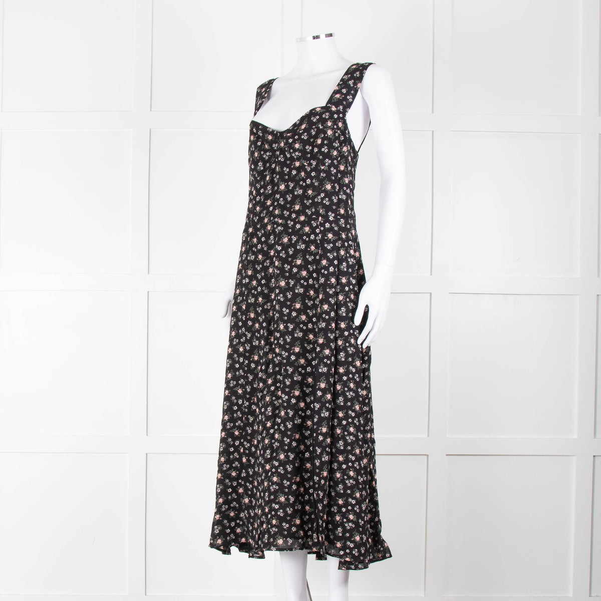 Reformation Black Pale Pink Rose Print Strappy Maxi Dress