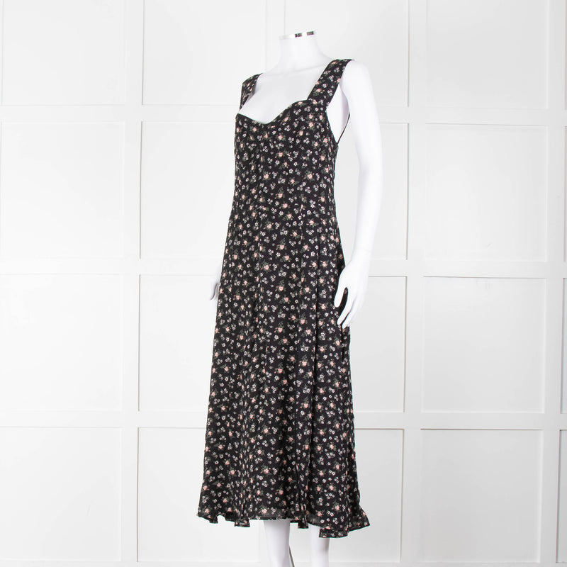 Reformation Black Pale Pink Rose Print Strappy Maxi Dress