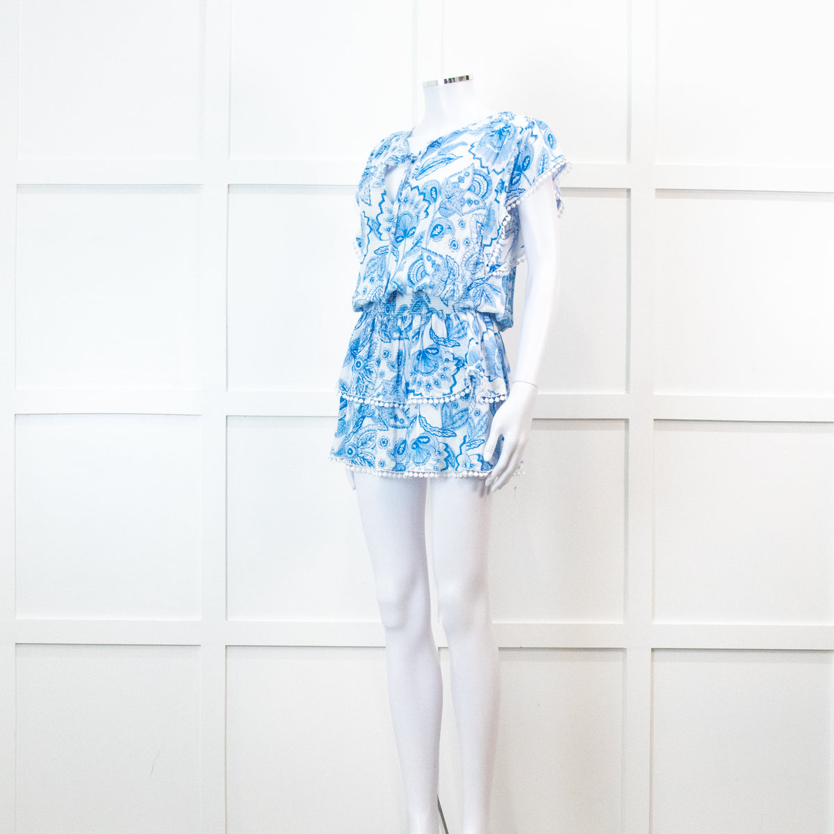 Melissa Odabash Blue Floral Print Bobble Edging Mini Dress