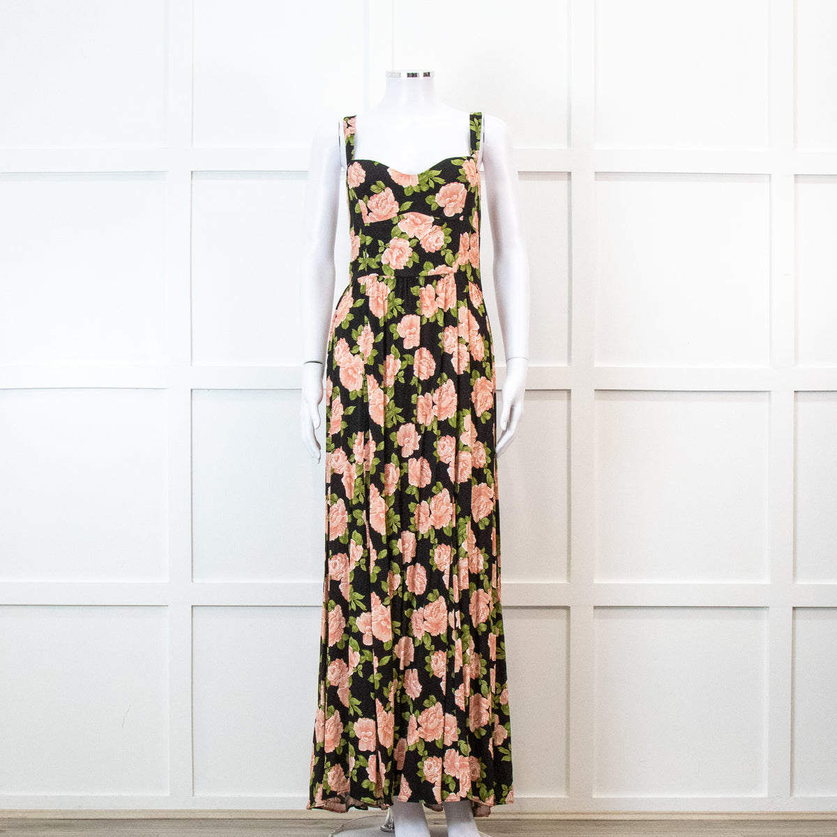 Reformation Black With Pink Floral Print Pleated Maxi Strap Dress