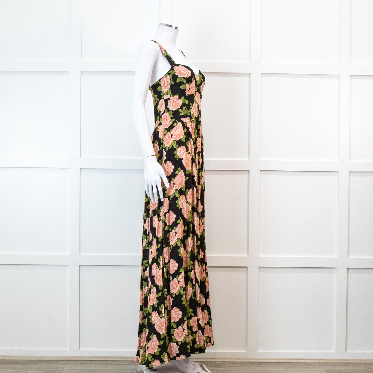 Reformation Black With Pink Floral Print Pleated Maxi Strap Dress