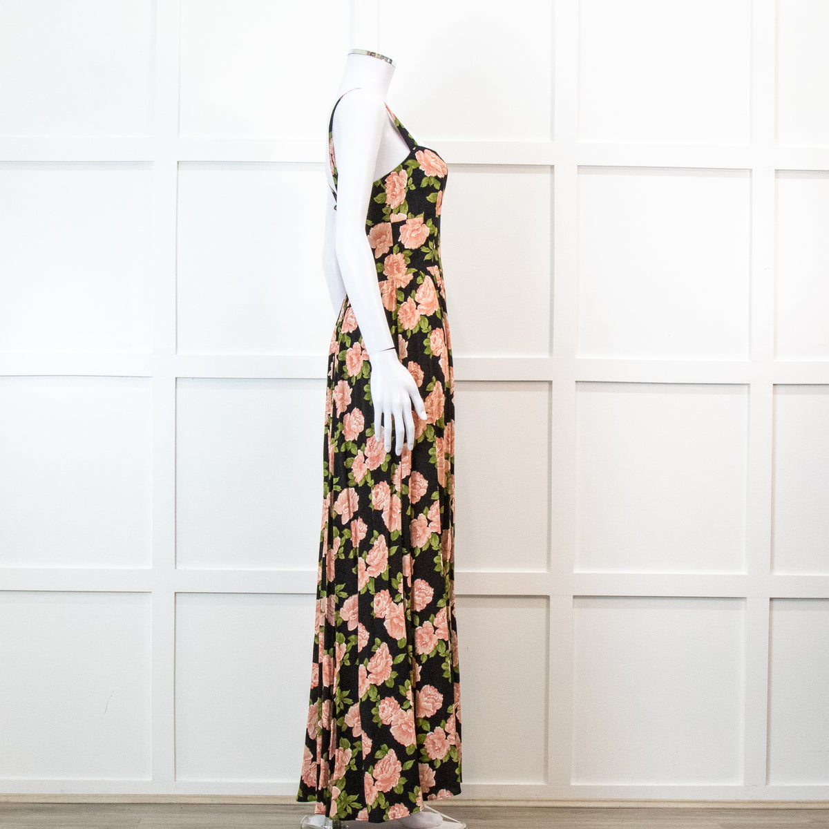 Reformation Black With Pink Floral Print Pleated Maxi Strap Dress