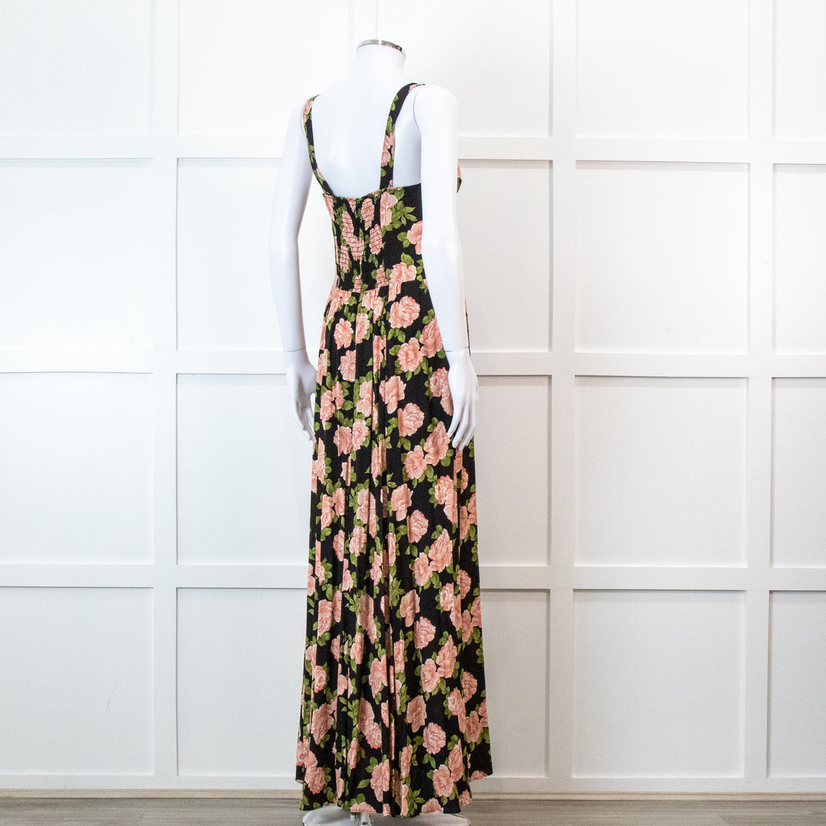 Reformation Black With Pink Floral Print Pleated Maxi Strap Dress