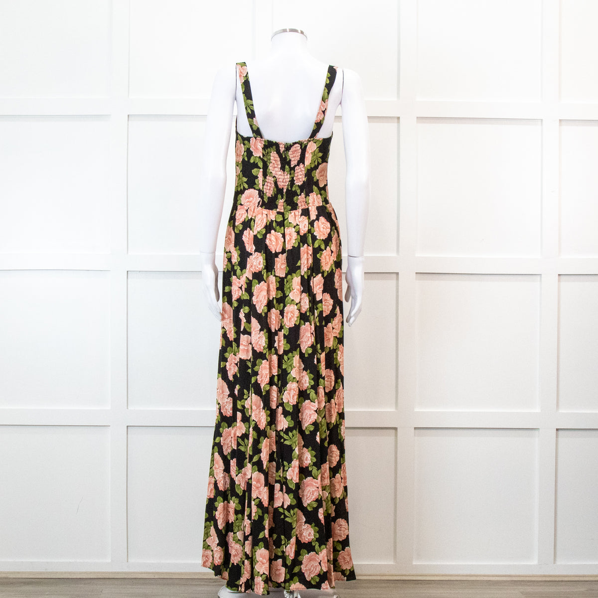 Reformation Black With Pink Floral Print Pleated Maxi Strap Dress