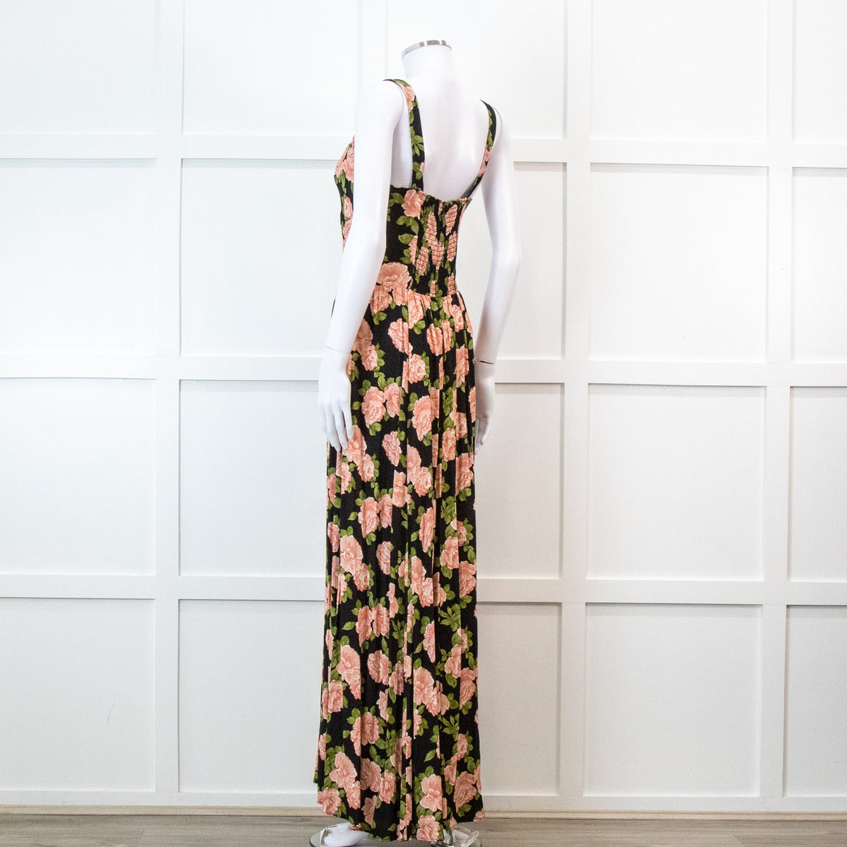 Reformation Black With Pink Floral Print Pleated Maxi Strap Dress