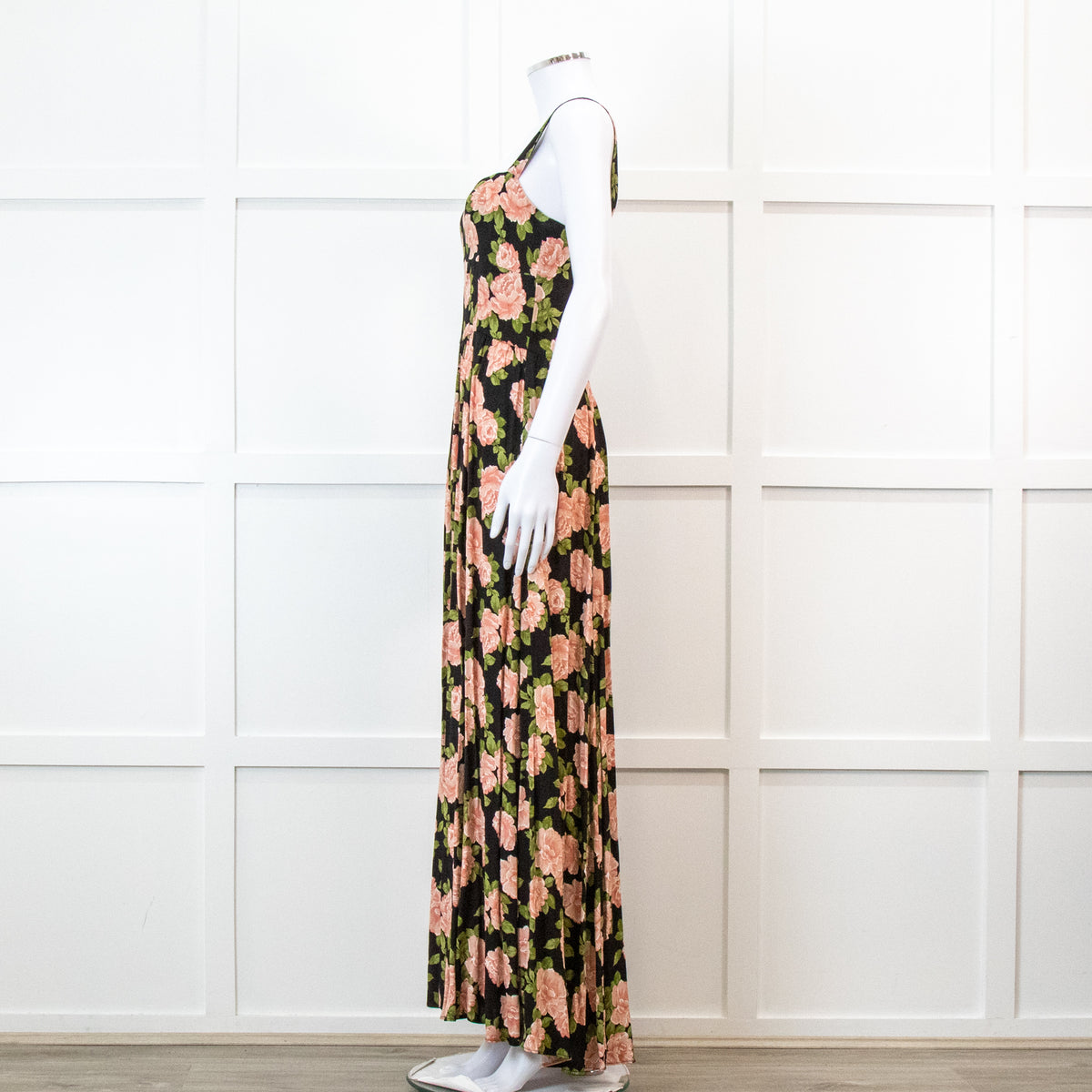 Reformation Black With Pink Floral Print Pleated Maxi Strap Dress
