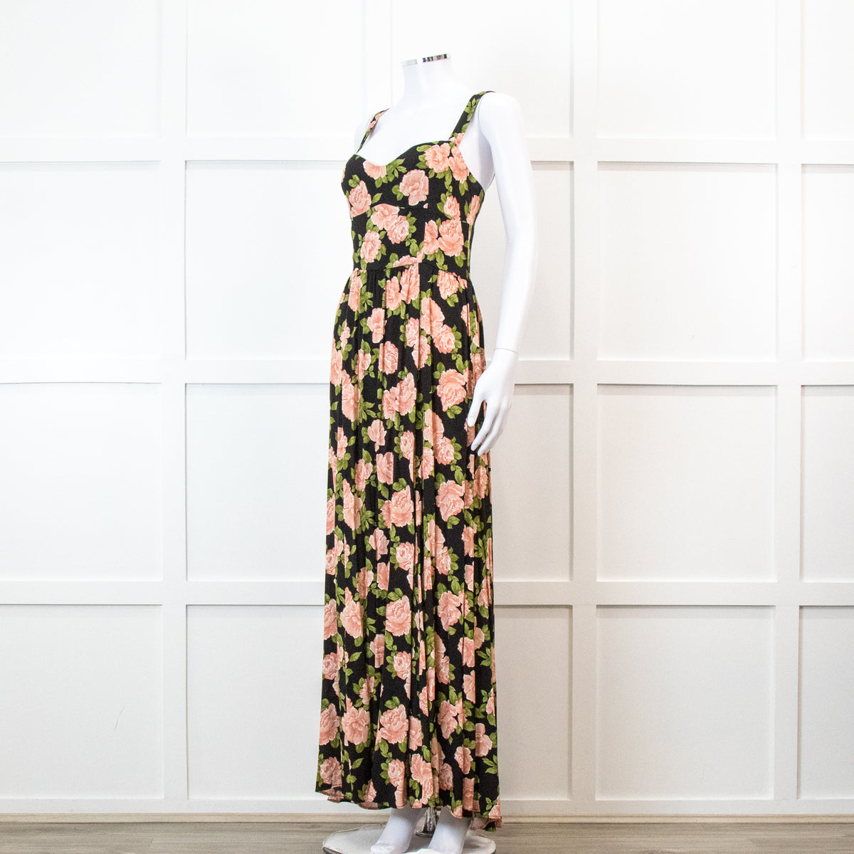 Reformation Black With Pink Floral Print Pleated Maxi Strap Dress