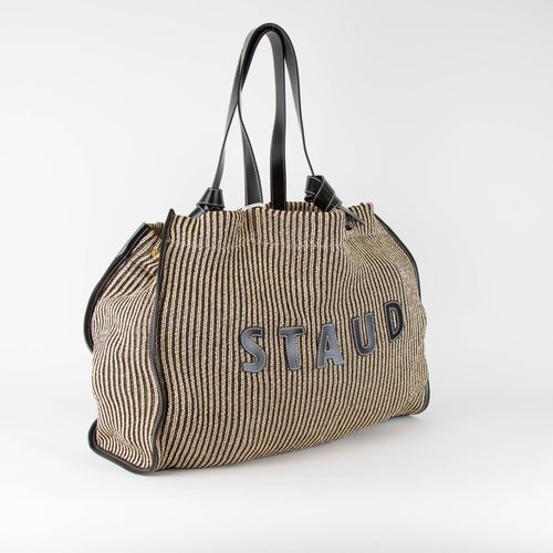 Staud Striped Knitted Tote Bag with Black Leather Trim