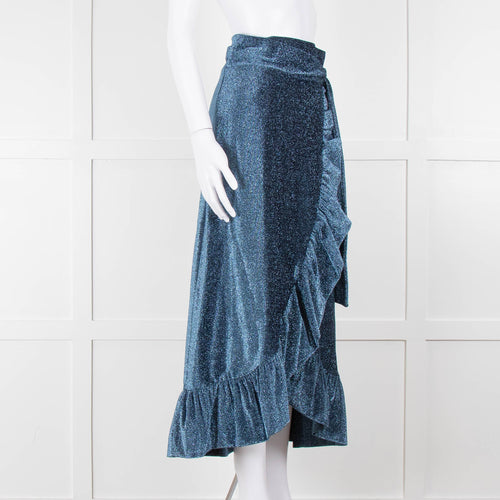 Ganni Metallic Blue Shimmery Wrap  Skirt