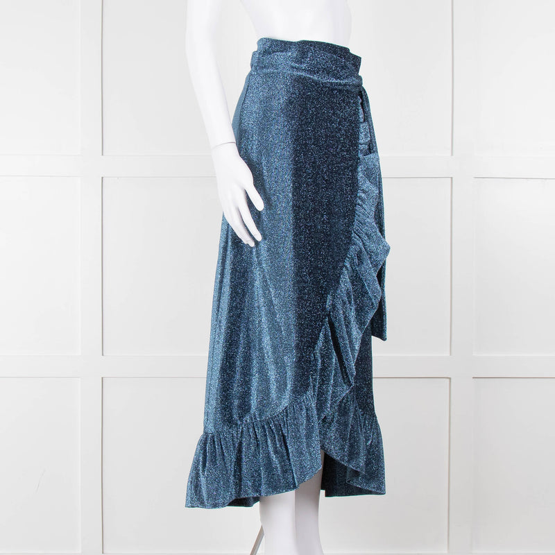 Ganni Metallic Blue Shimmery Wrap  Skirt