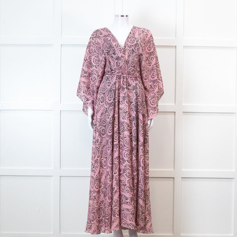 Maje Pink Paisley Print V Neck Cape Sleeve Belted Maxi Dress