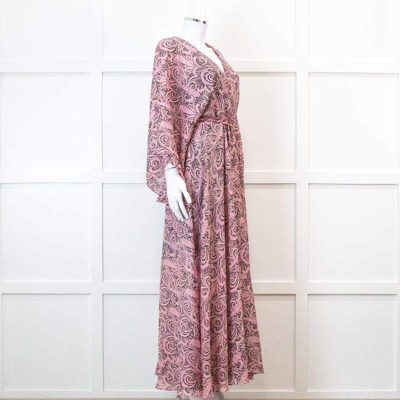Maje Pink Paisley Print V Neck Cape Sleeve Belted Maxi Dress