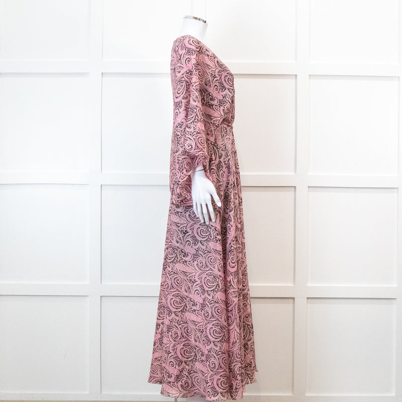 Maje Pink Paisley Print V Neck Cape Sleeve Belted Maxi Dress