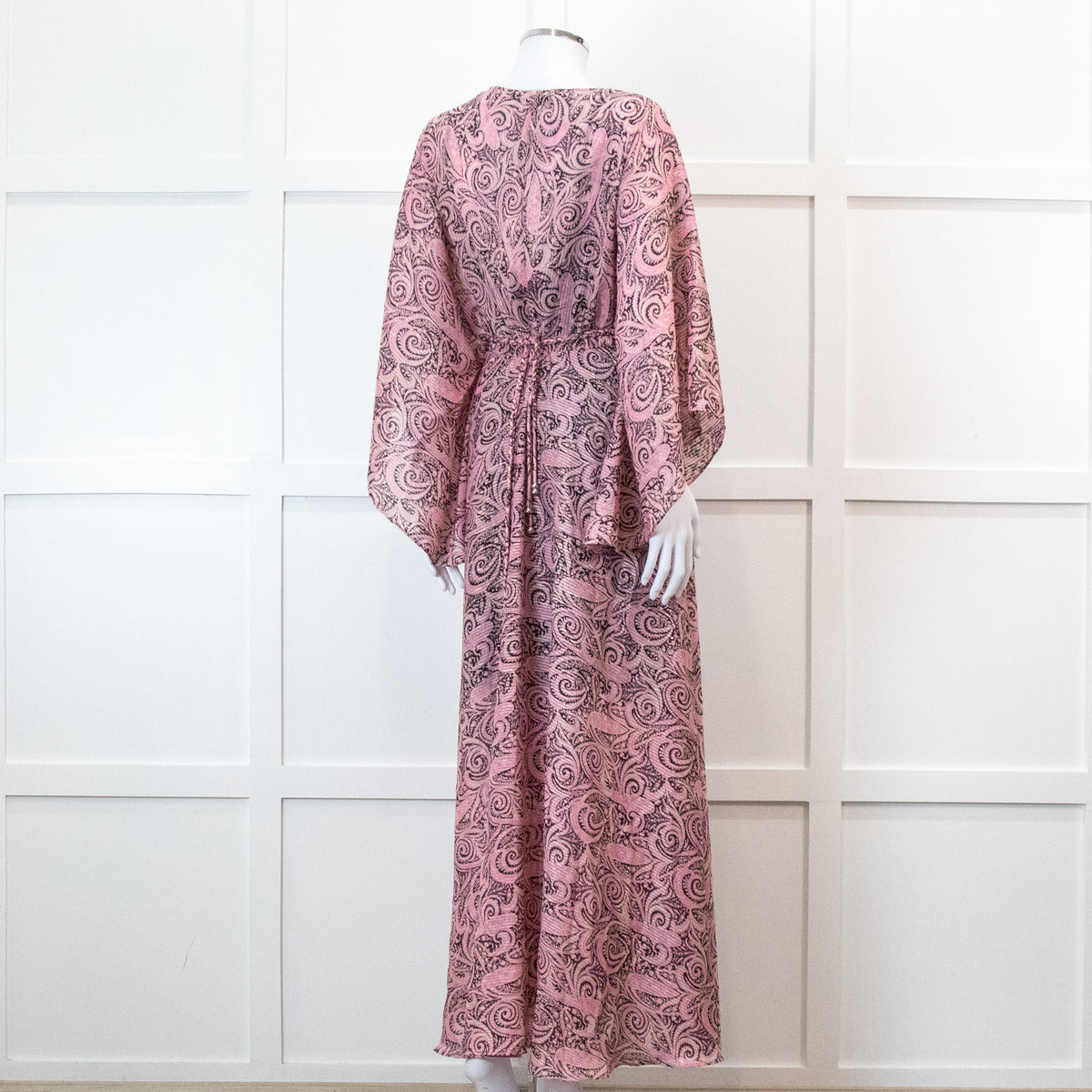 Maje Pink Paisley Print V Neck Cape Sleeve Belted Maxi Dress