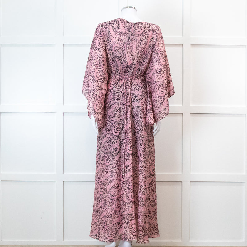 Maje Pink Paisley Print V Neck Cape Sleeve Belted Maxi Dress