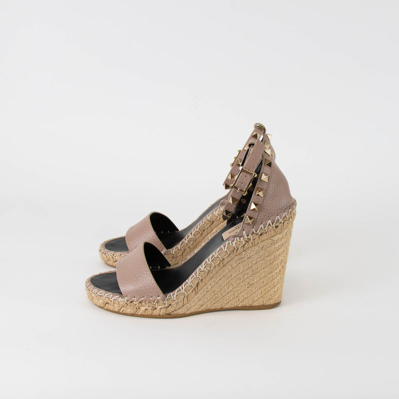 Valentino Beige Rockstud Espadrille Wedge Sandals