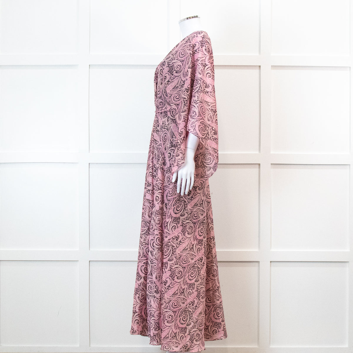 Maje Pink Paisley Print V Neck Cape Sleeve Belted Maxi Dress