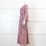 Maje Pink Paisley Print V Neck Cape Sleeve Belted Maxi Dress
