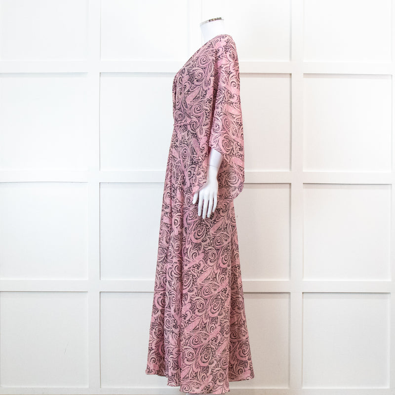 Maje Pink Paisley Print V Neck Cape Sleeve Belted Maxi Dress