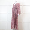Maje Pink Paisley Print V Neck Cape Sleeve Belted Maxi Dress