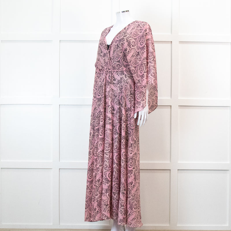 Maje Pink Paisley Print V Neck Cape Sleeve Belted Maxi Dress
