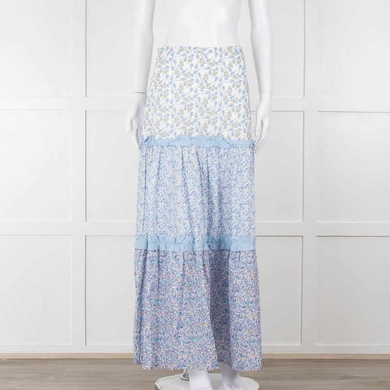 Ridley White Blue Floral Cotton Maxi Skirt