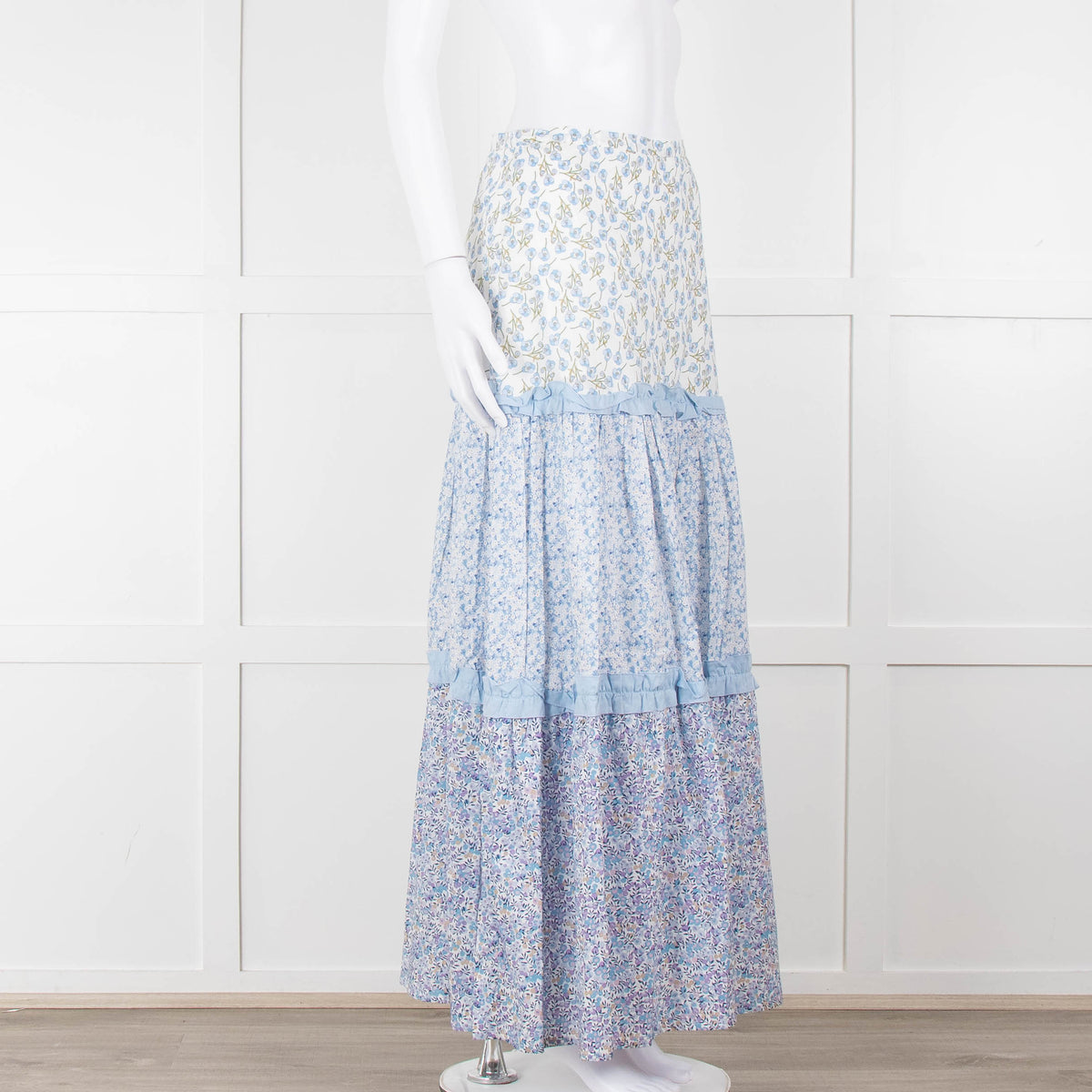 Ridley White Blue Floral Cotton Maxi Skirt